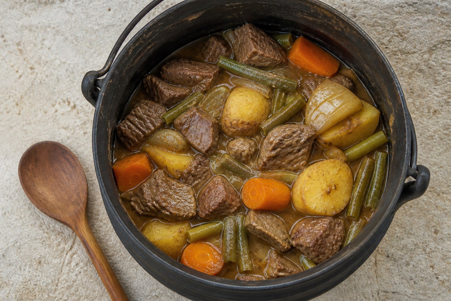 Overhead view of beef, potatoes, carrots, and green beans in a potjie.