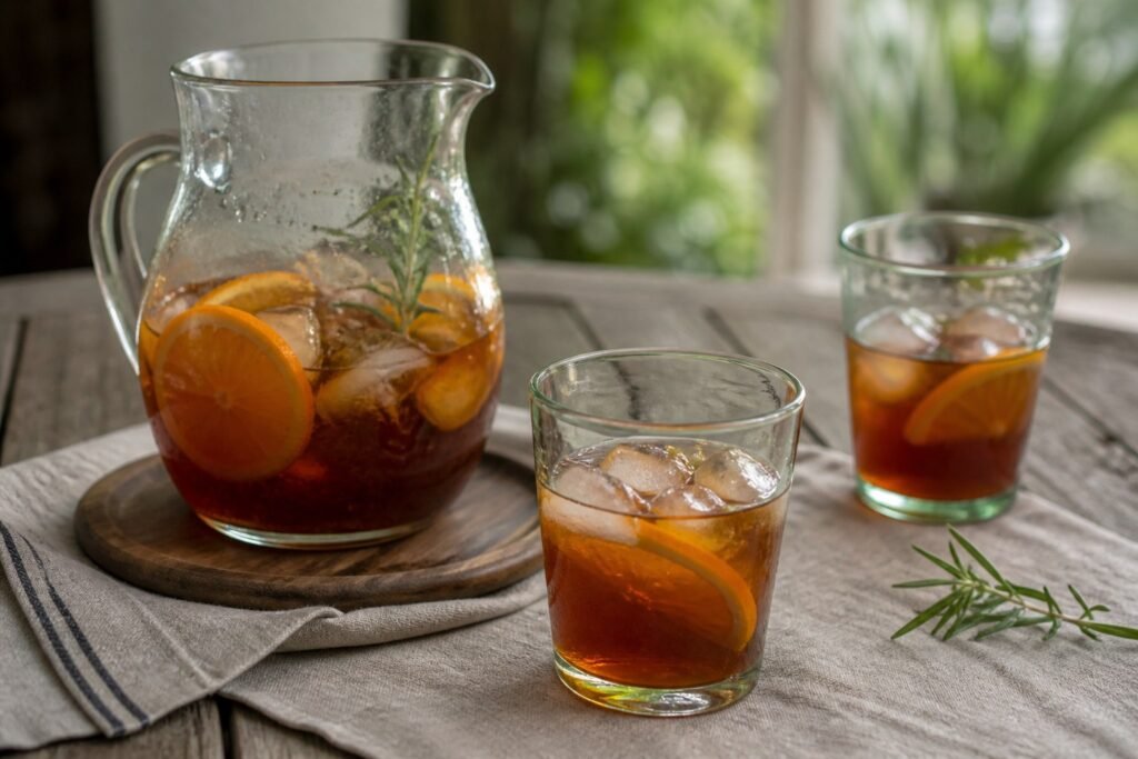 South African rooibos iced tea with orange, ice, and rosemary in a glass pitcher.