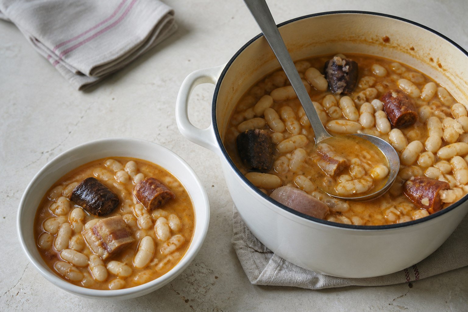Spanish fabada asturiana being served from an enamel pot.