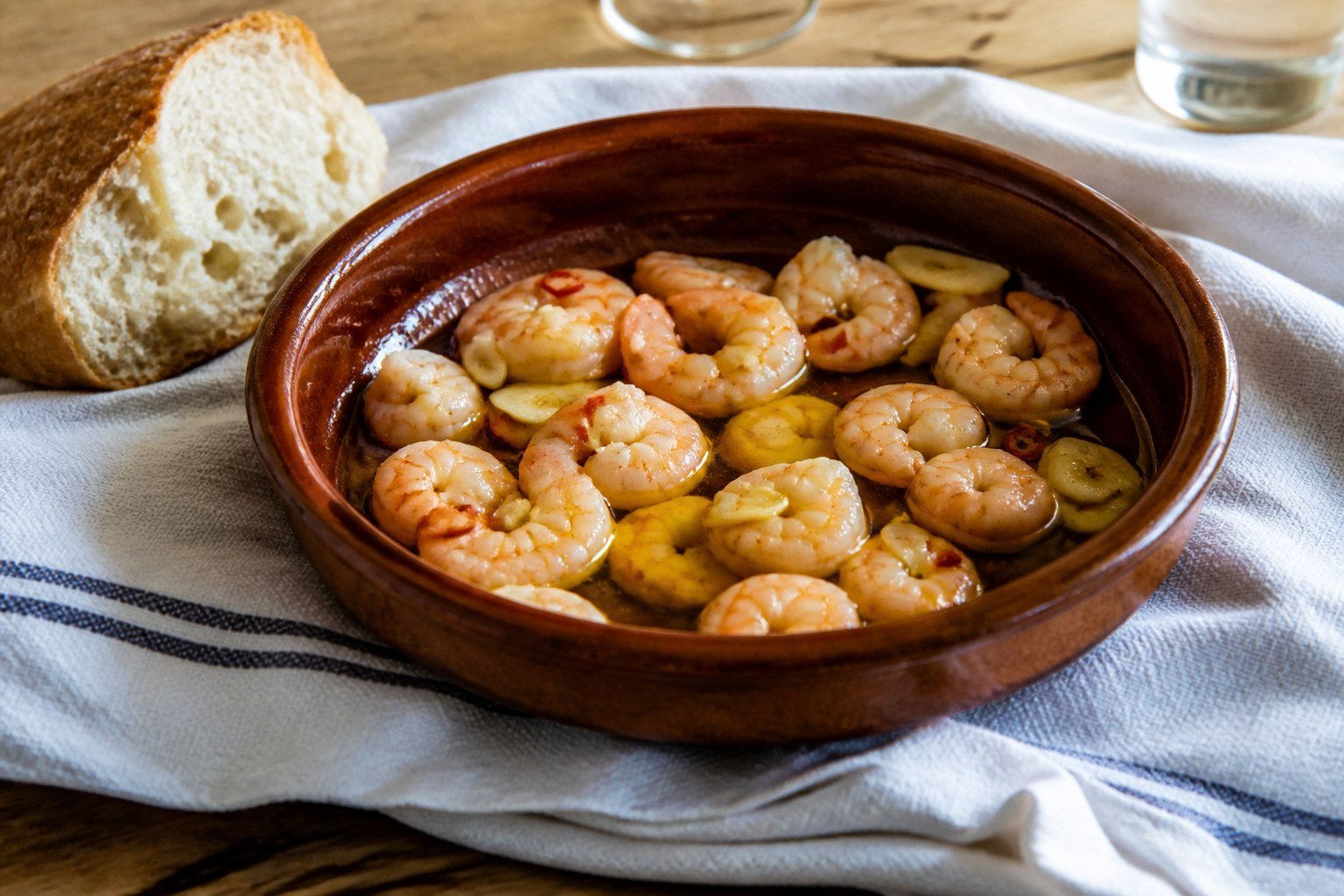 Spanish gambas al ajillo with shrimp, sliced garlic, chile, olive oil, and bread.