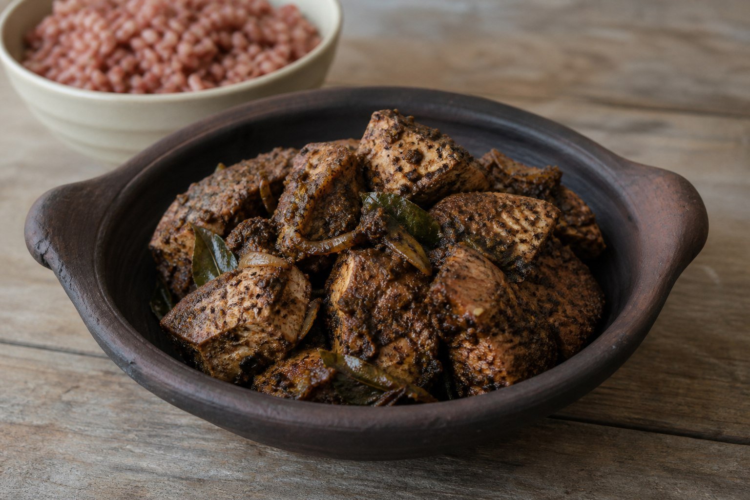 Sri Lankan fish ambul thiyal coated in a dark sour pepper spice paste.