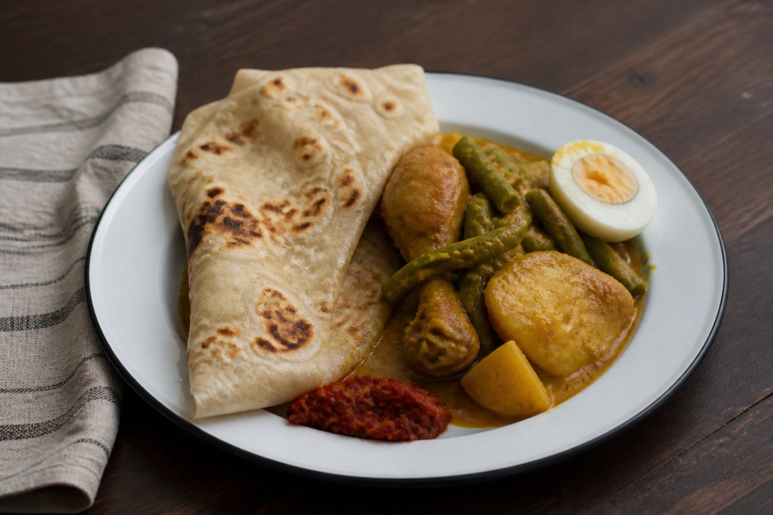 Surinamese chicken roti with masala chicken, potatoes, long beans, egg, and sambal.