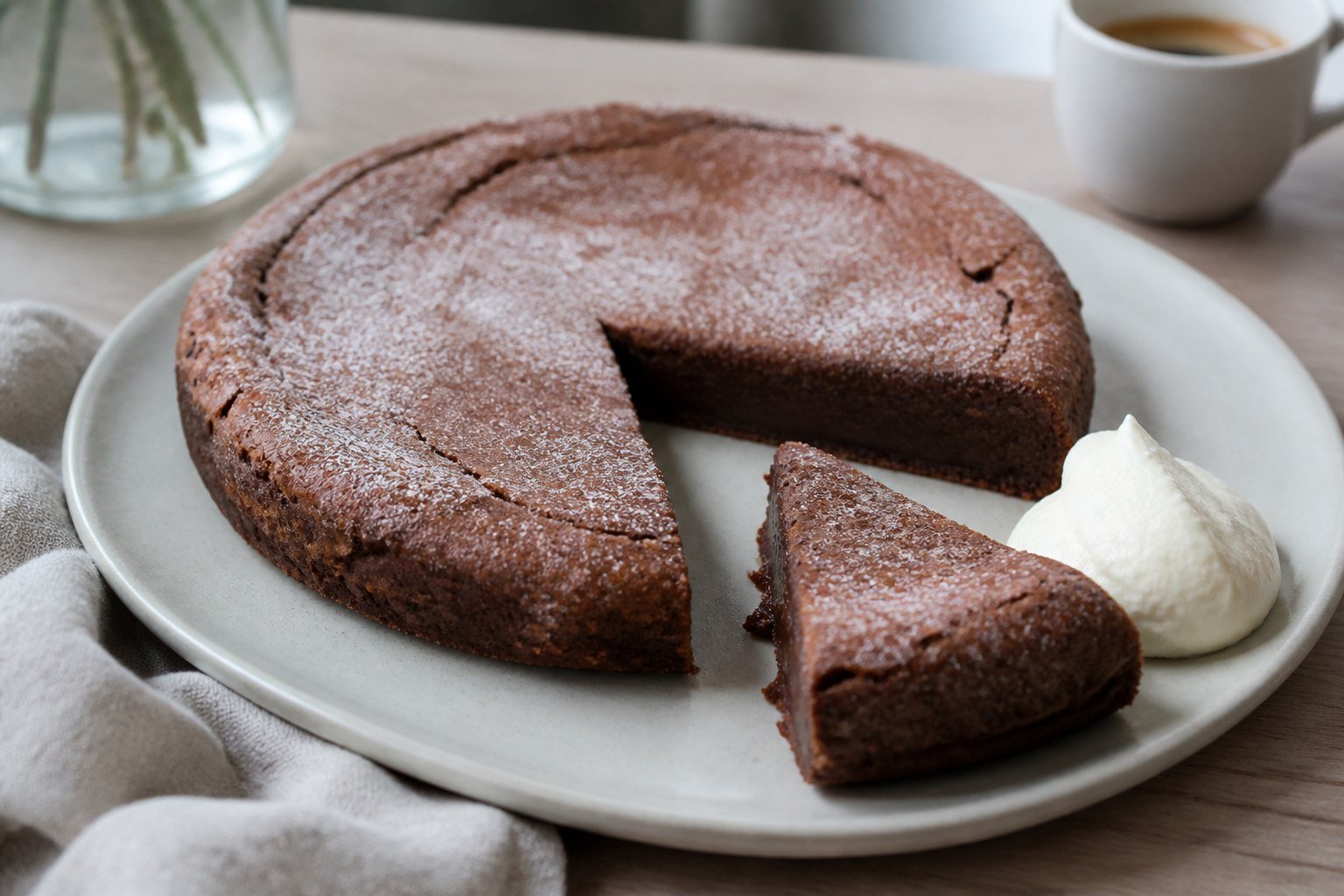 Swedish kladdkaka chocolate cake with a dense fudgy center and whipped cream.