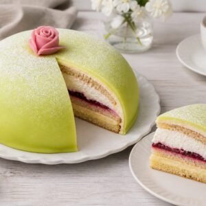 Pale green Swedish princess cake with a pink marzipan rose and a slice removed.