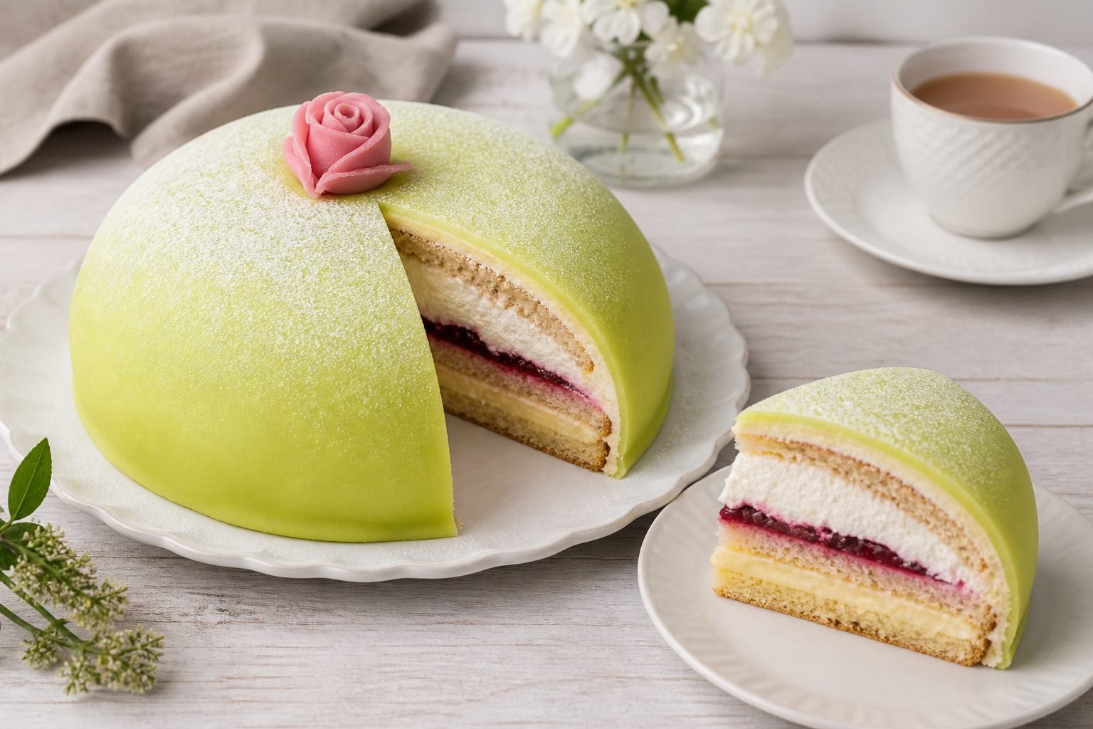 Pale green Swedish princess cake with a pink marzipan rose and a slice removed.