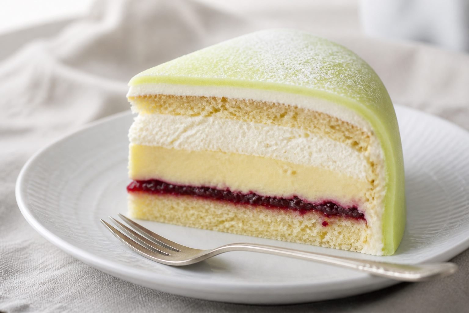 Swedish princess cake slice showing sponge, raspberry jam, pastry cream, and whipped cream.