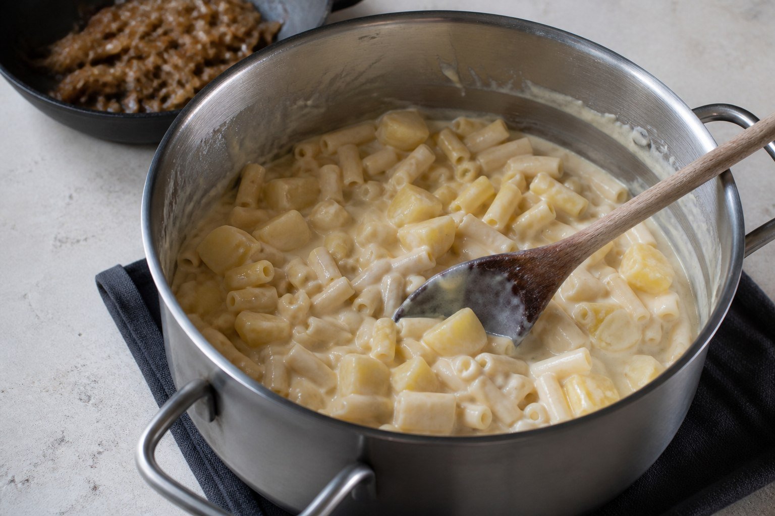 Macaroni and potatoes being folded through creamy cheese sauce in a saucepan.