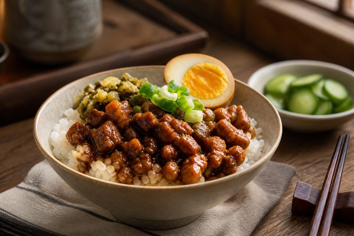 Taiwanese lu rou fan with glossy braised pork, rice, a soy-braised egg, and greens.