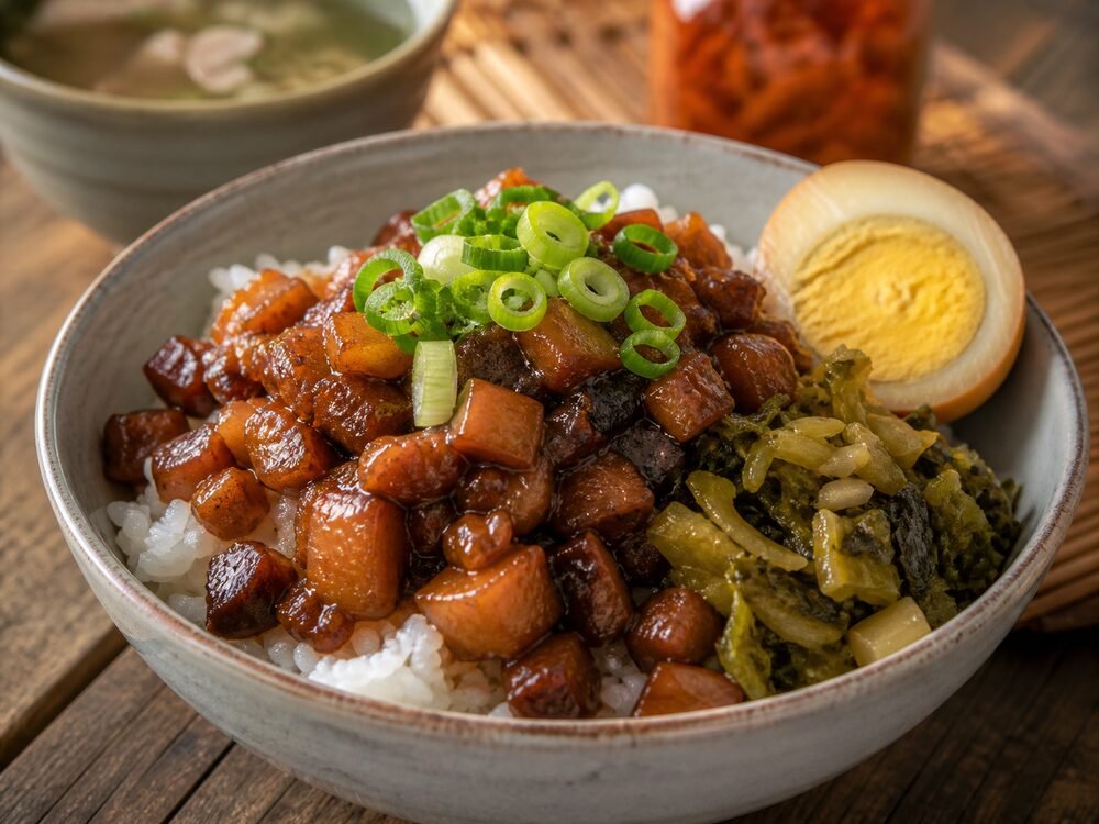 Braised pork being served over rice beside a halved soy-braised egg and pickled greens.