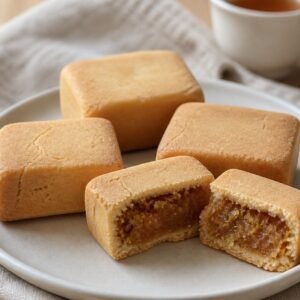 Taiwanese pineapple cakes with pale golden shortbread crust and dense amber pineapple filling.