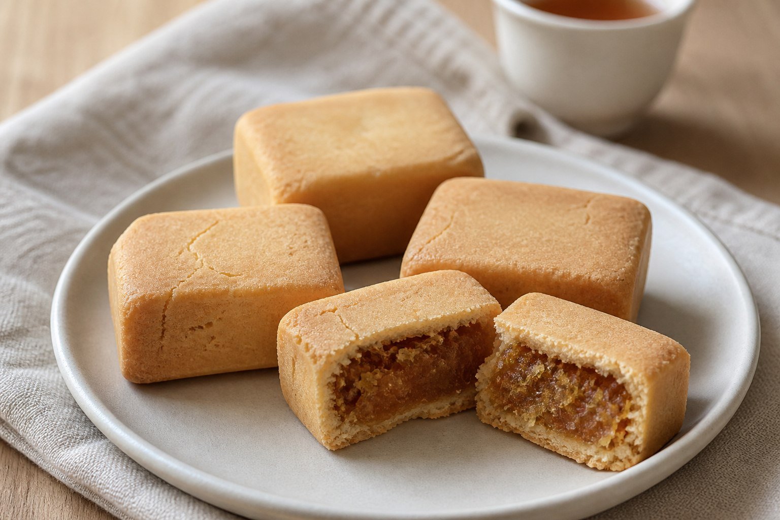 Taiwanese pineapple cakes with pale golden shortbread crust and dense amber pineapple filling.
