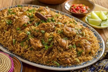 A platter of Tanzanian pilau with spiced rice, chicken, and caramelized onions.
