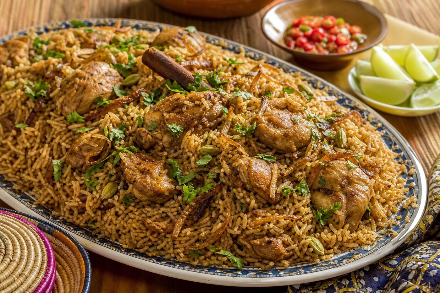 A platter of Tanzanian pilau with spiced rice, chicken, and caramelized onions.