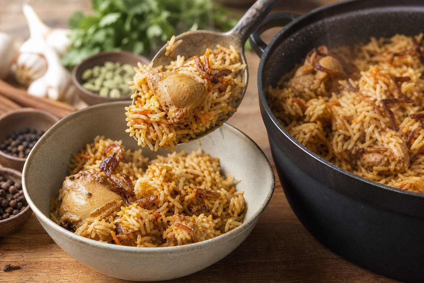 A spoon serving aromatic Tanzanian pilau with chicken and browned onions.