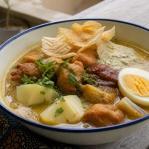 Tanzanian Zanzibar mix soup with potato, bhajia, egg, chutneys, and cassava crisps.