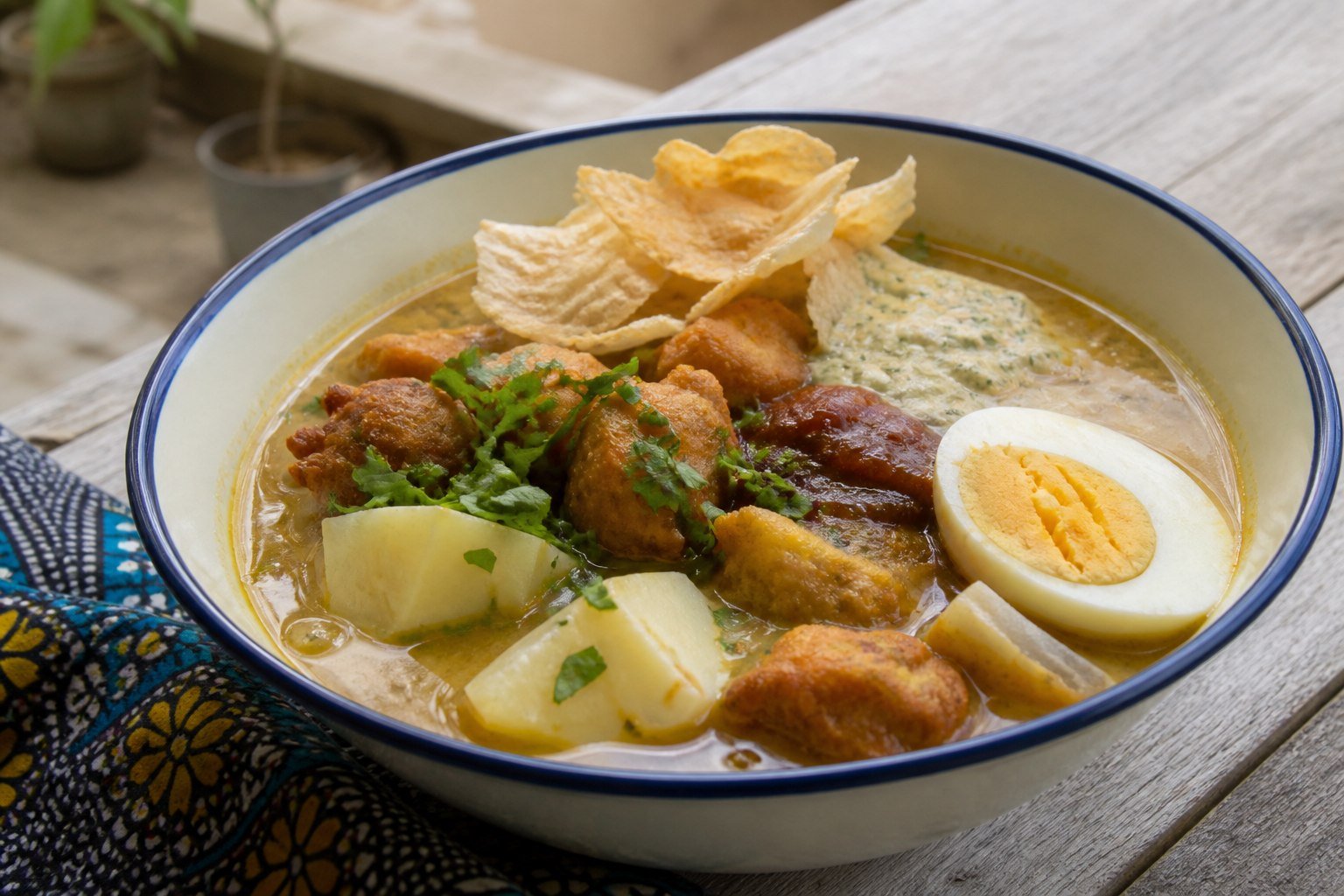 Tanzanian Zanzibar mix soup with potato, bhajia, egg, chutneys, and cassava crisps.