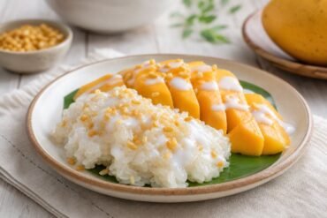 Thai Mango Sticky Rice with ripe mango, coconut sauce, and toasted mung beans.