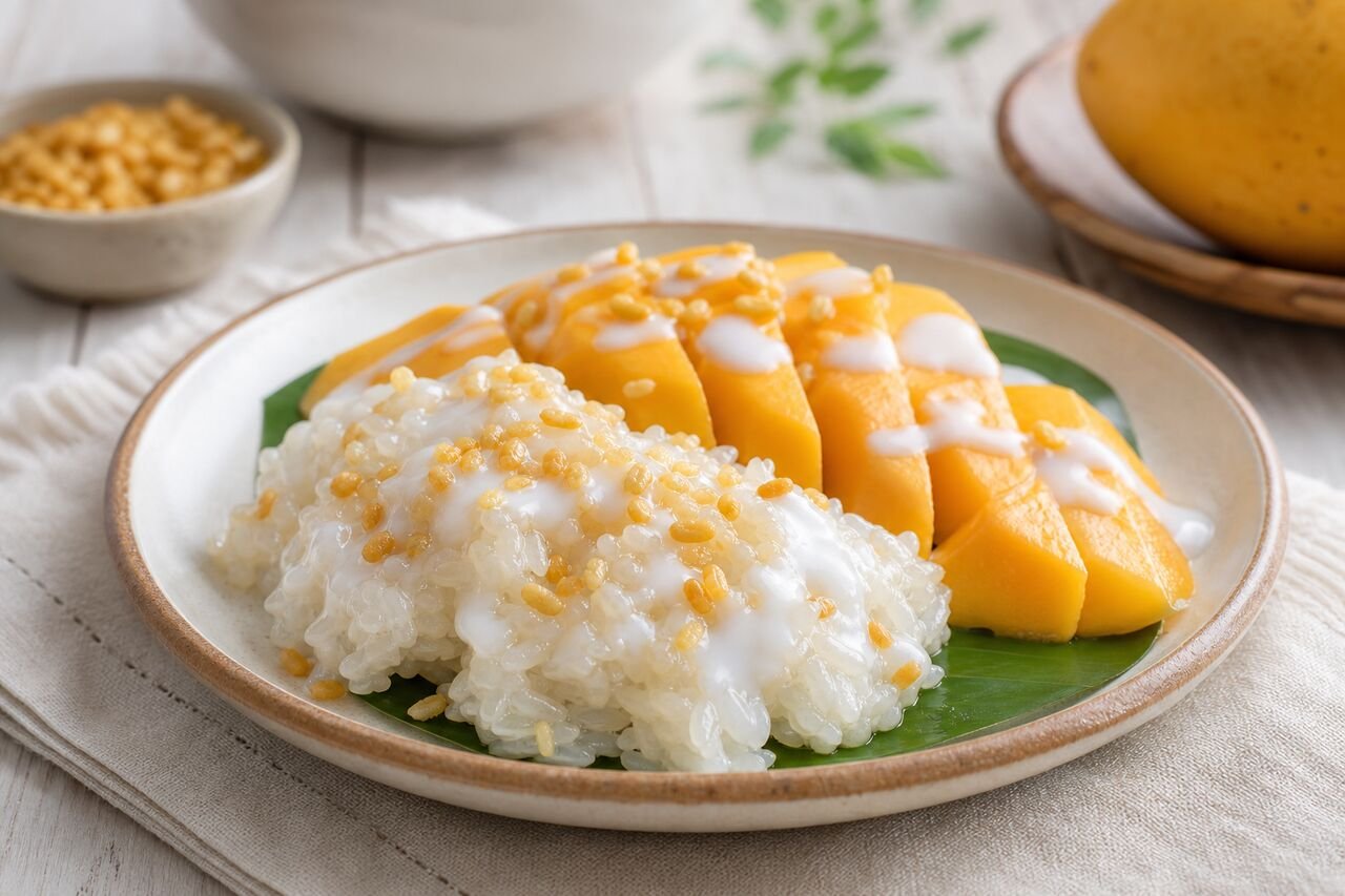 Thai Mango Sticky Rice with ripe mango, coconut sauce, and toasted mung beans.