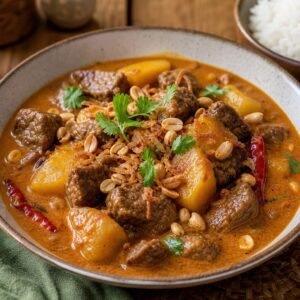 Thai Massaman curry with tender beef, potatoes, peanuts, and jasmine rice.