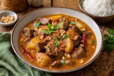 Thai Massaman curry with tender beef, potatoes, peanuts, and jasmine rice.