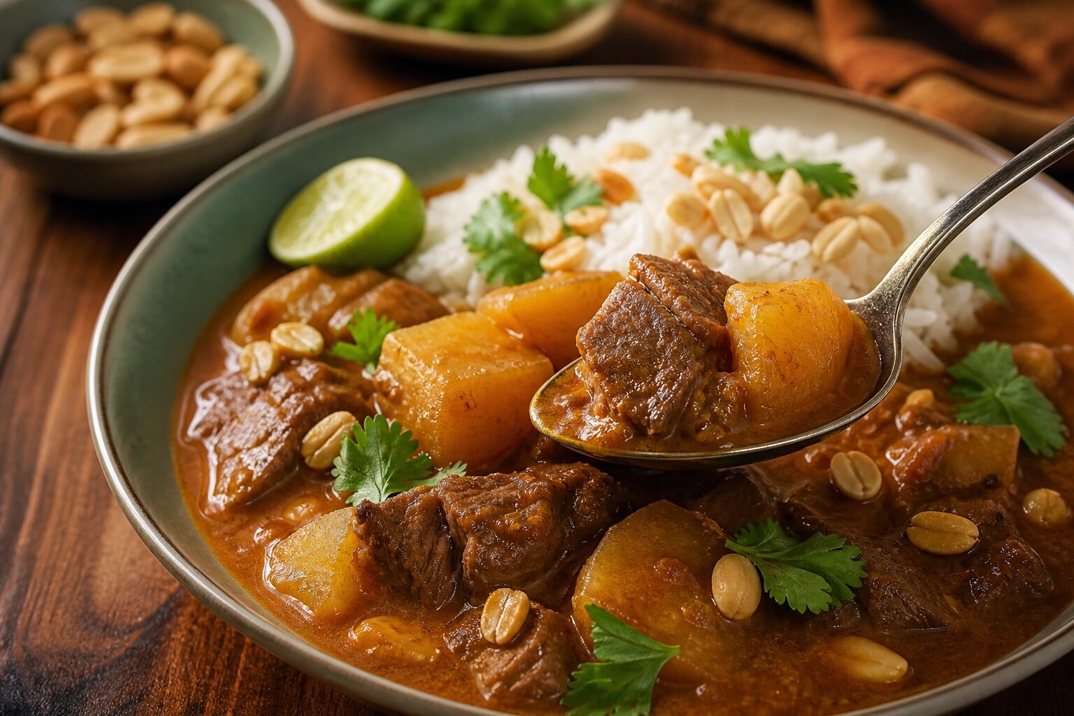 A spoonful of beef and potato Massaman curry with peanuts beside jasmine rice.