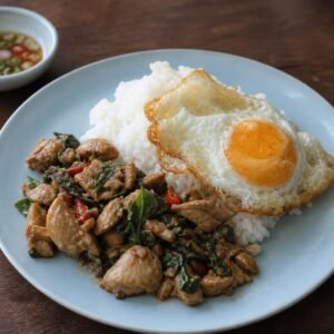 Thai pad kra pao gai with holy basil chicken, jasmine rice, and a fried egg.