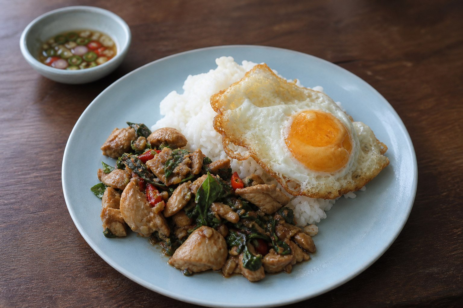 Thai pad kra pao gai with holy basil chicken, jasmine rice, and a fried egg.