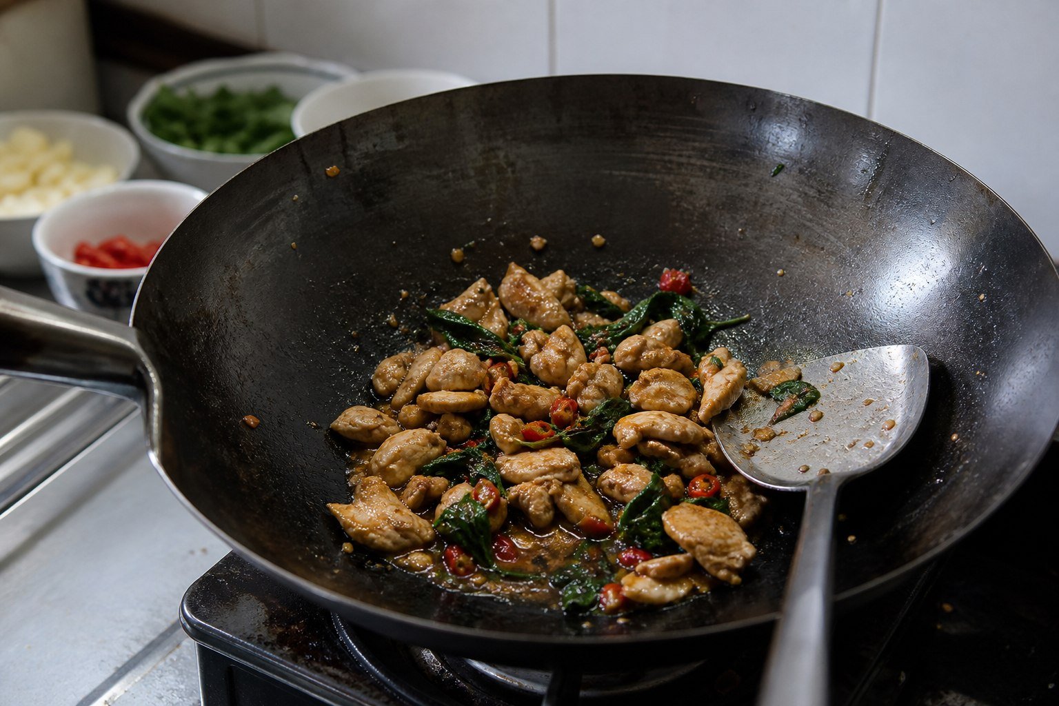Hand-chopped chicken, holy basil, and chiles finishing in a carbon-steel wok.