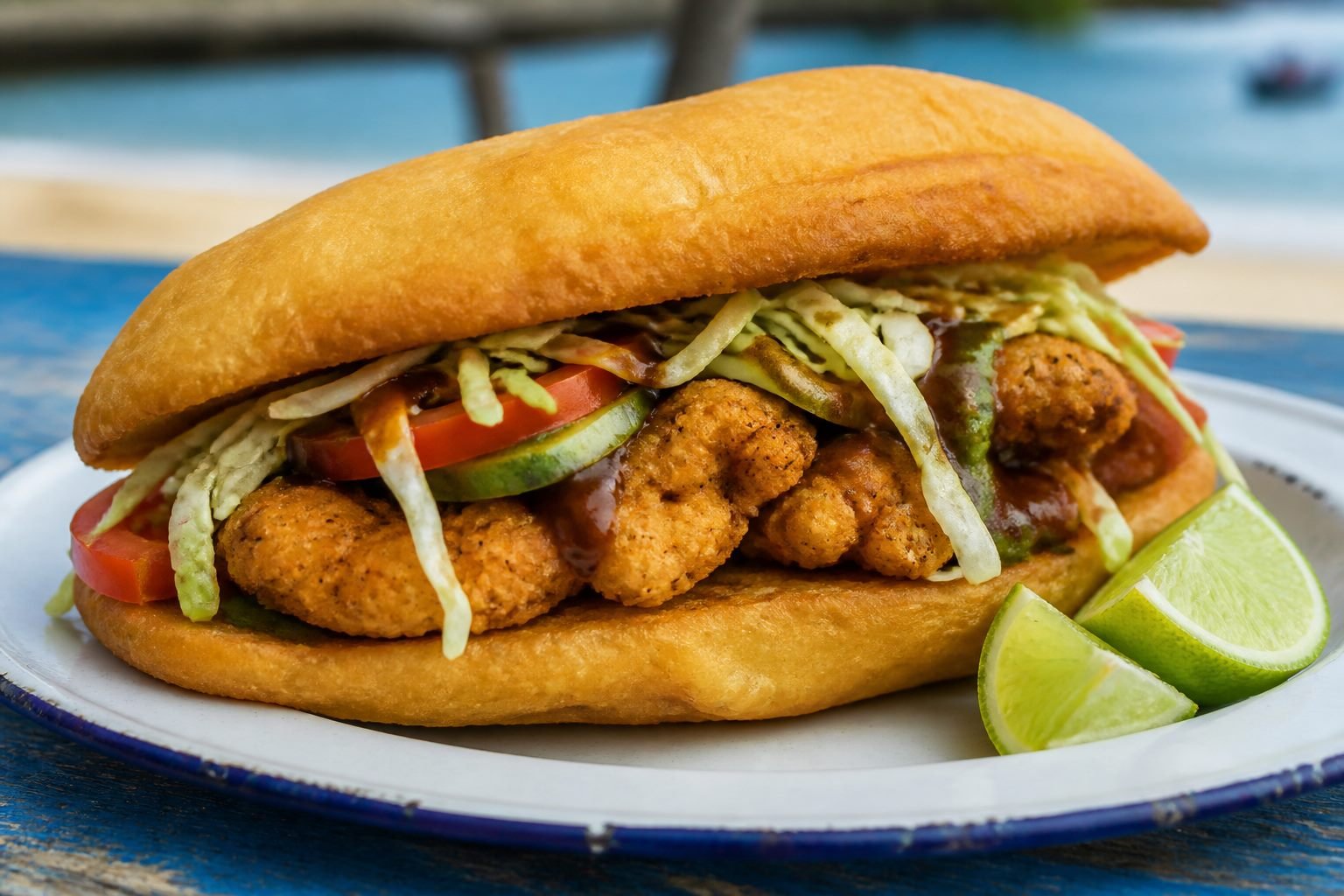 Golden Trinidadian fried bake filled with crisp fish, vegetables, and sauces.