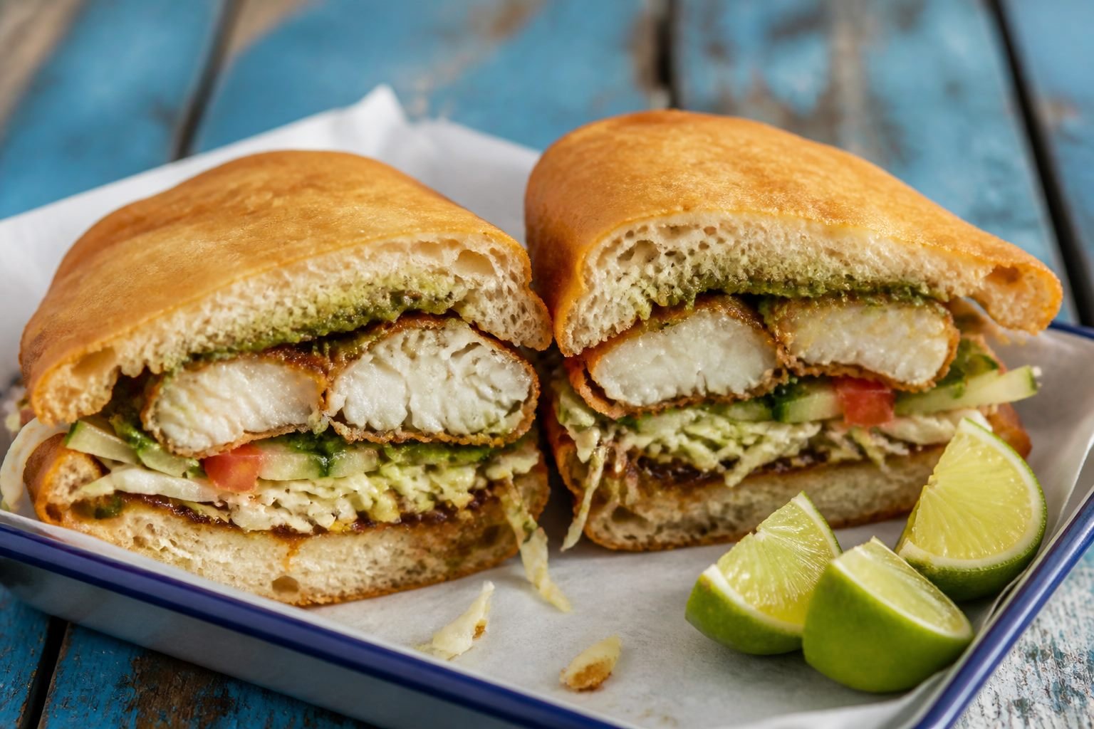 Two halves of bake and shark showing crisp fish, cabbage, tomato, cucumber, and sauces.