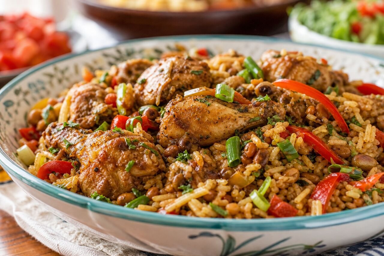 A close serving of Trinidadian Pelau with browned chicken, rice, pigeon peas, coconut, and peppers.