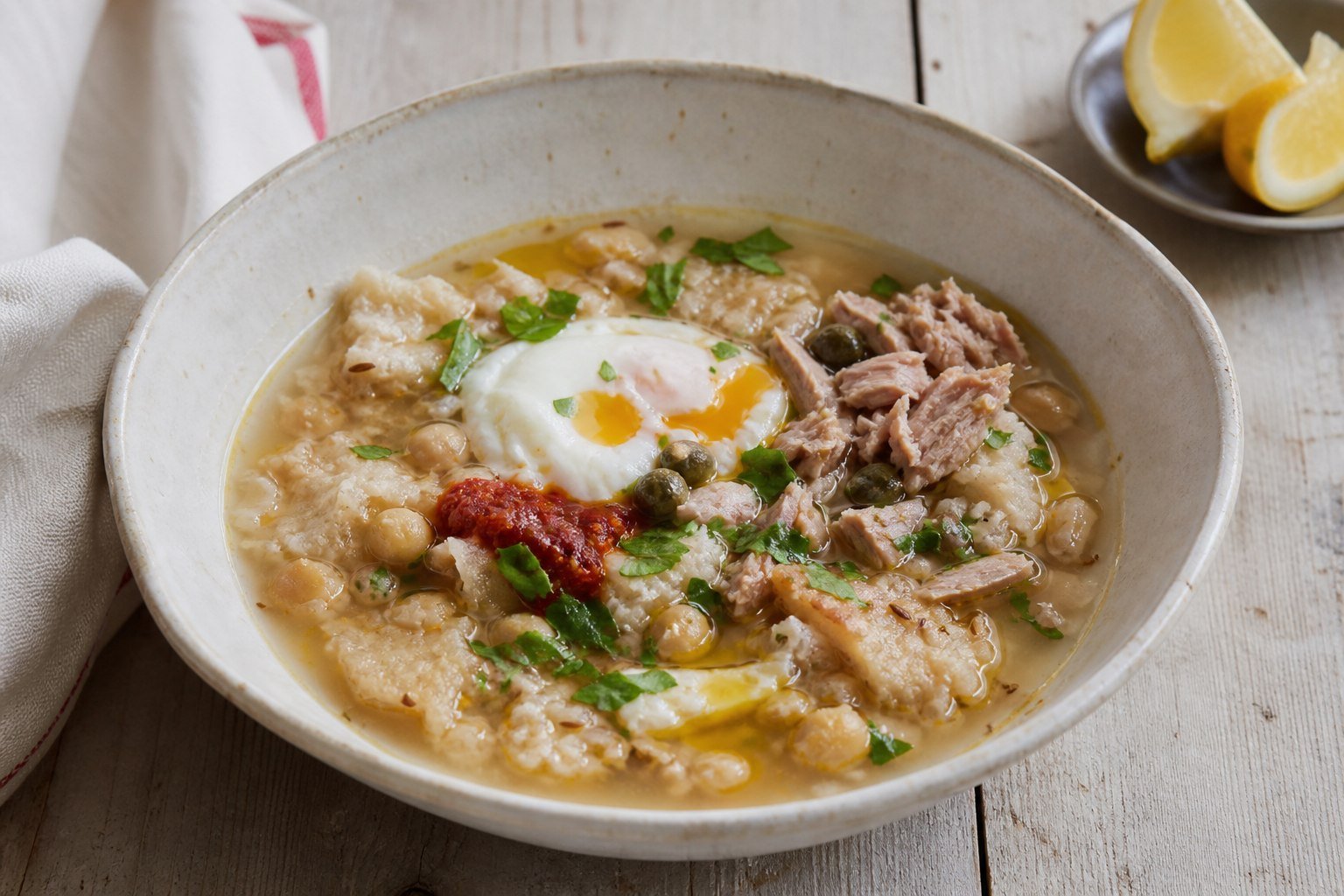 Tunisian lablabi chickpea and bread soup with egg, harissa, tuna, capers, and olive oil.