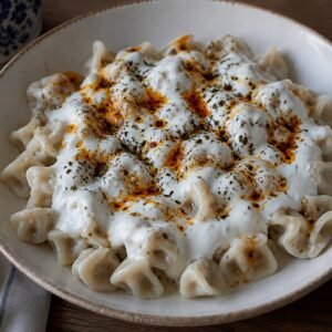 Turkish manti dumplings with garlic yogurt, pepper butter, and dried mint.