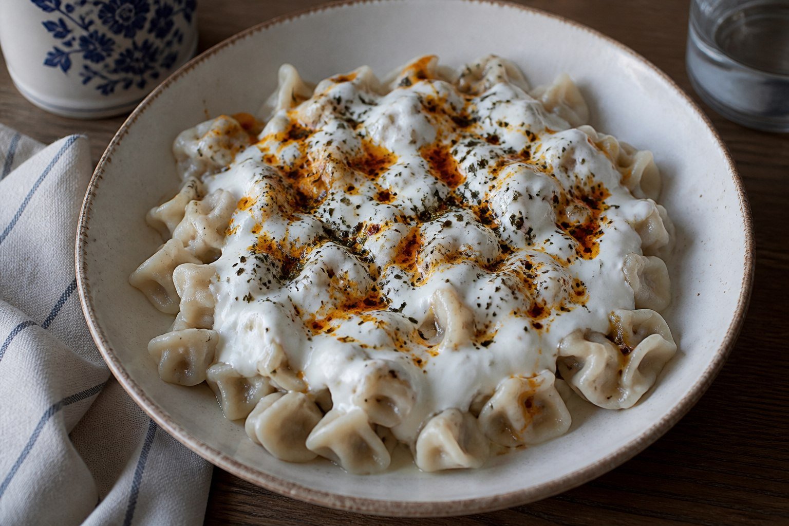 Turkish manti dumplings with garlic yogurt, pepper butter, and dried mint.