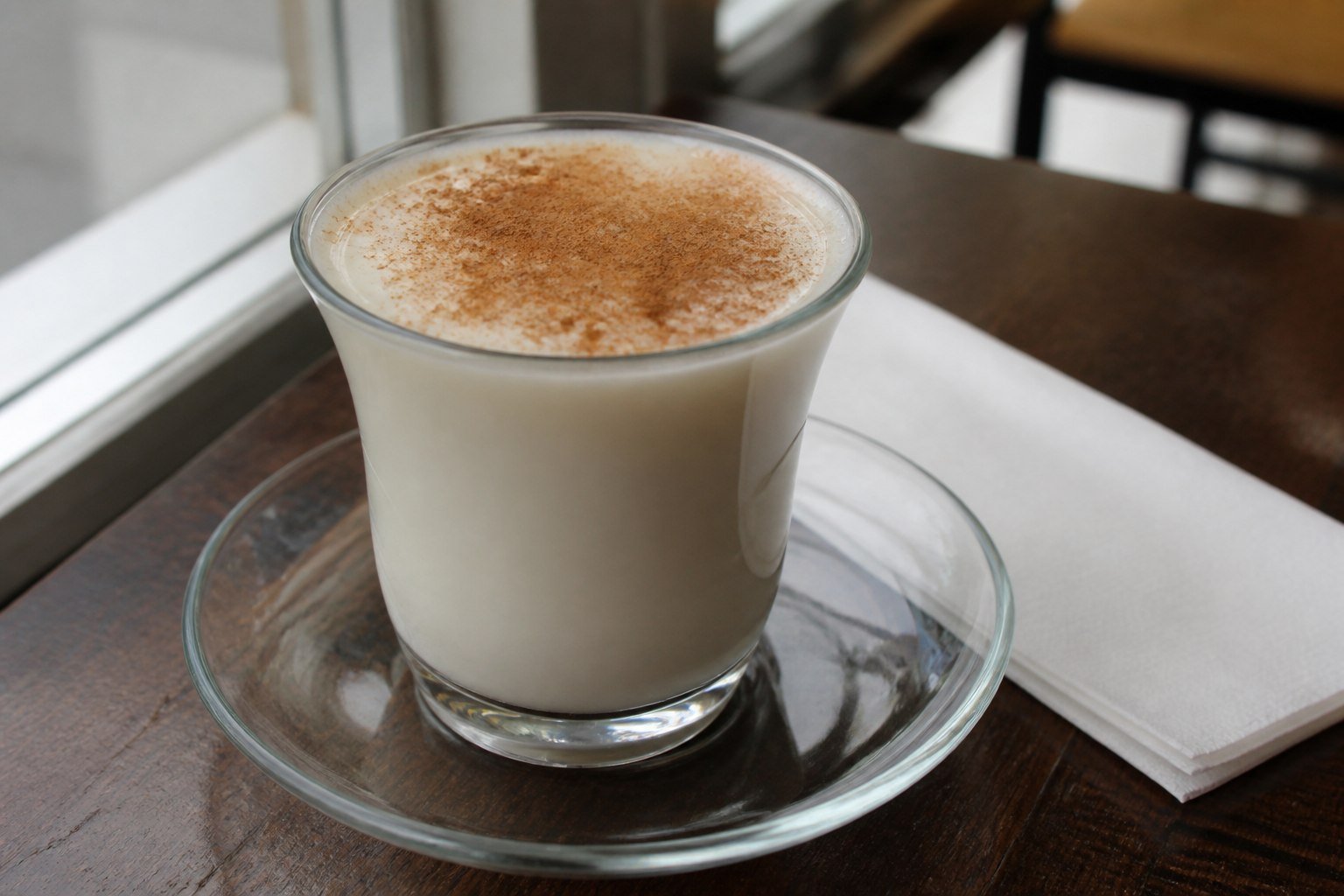 Warm Turkish salep in a clear heatproof glass with a light cinnamon dusting.