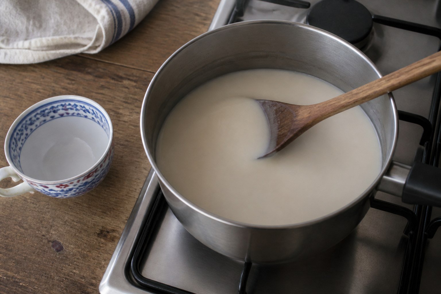 Smooth salep being stirred gently in a saucepan beside a small Turkish cup.