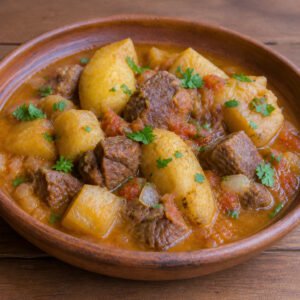 Ugandan matoke stew with tender green banana, beef, tomato, and onion.