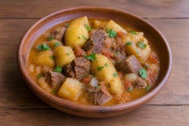 Ugandan matoke stew with tender green banana, beef, tomato, and onion.