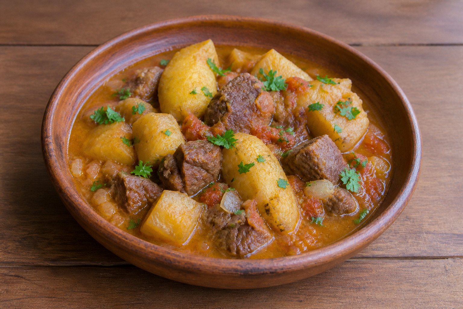 Ugandan matoke stew with tender green banana, beef, tomato, and onion.