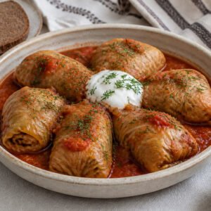 Ukrainian holubtsi cabbage rolls with tomato sauce, sour cream, and dill.
