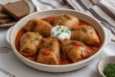 Ukrainian holubtsi cabbage rolls with tomato sauce, sour cream, and dill.