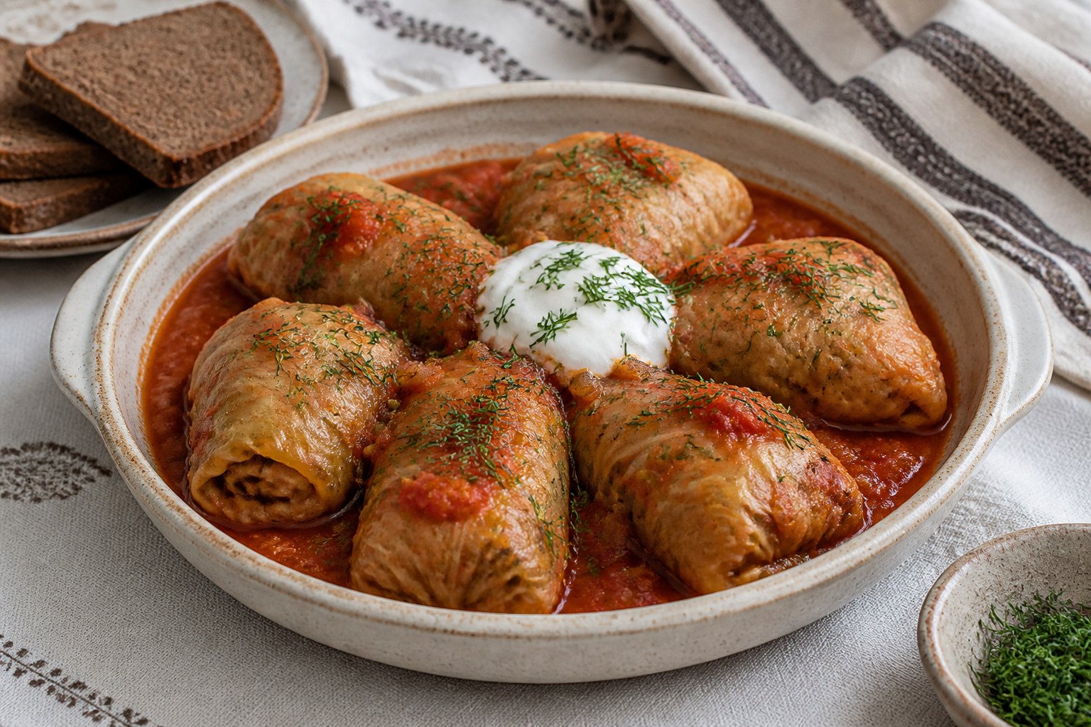 Ukrainian holubtsi cabbage rolls with tomato sauce, sour cream, and dill.