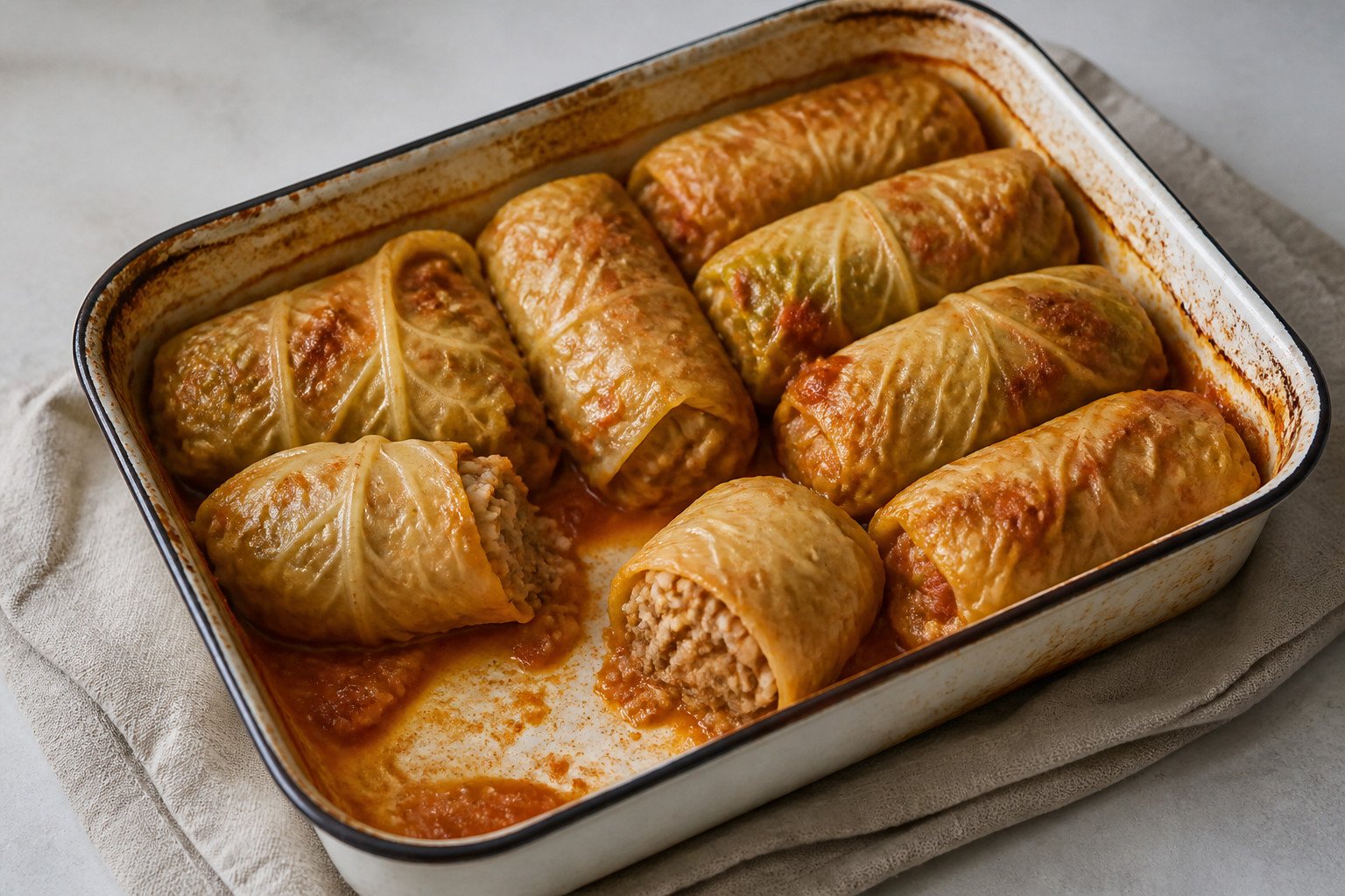 Ukrainian holubtsi baked in an enamel dish with rice and meat filling visible.
