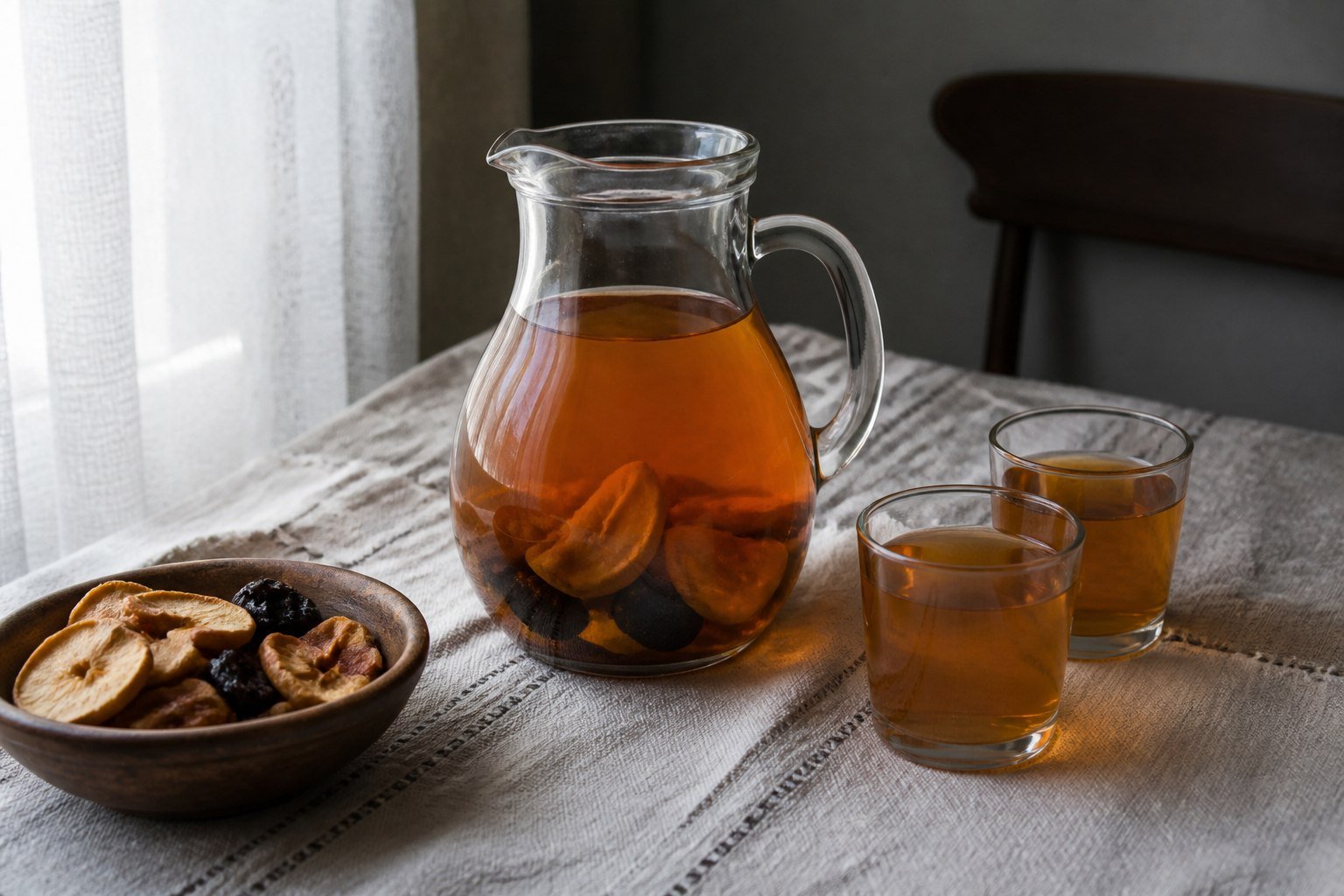 Ukrainian uzvar dried-fruit drink in a glass pitcher and two tumblers.