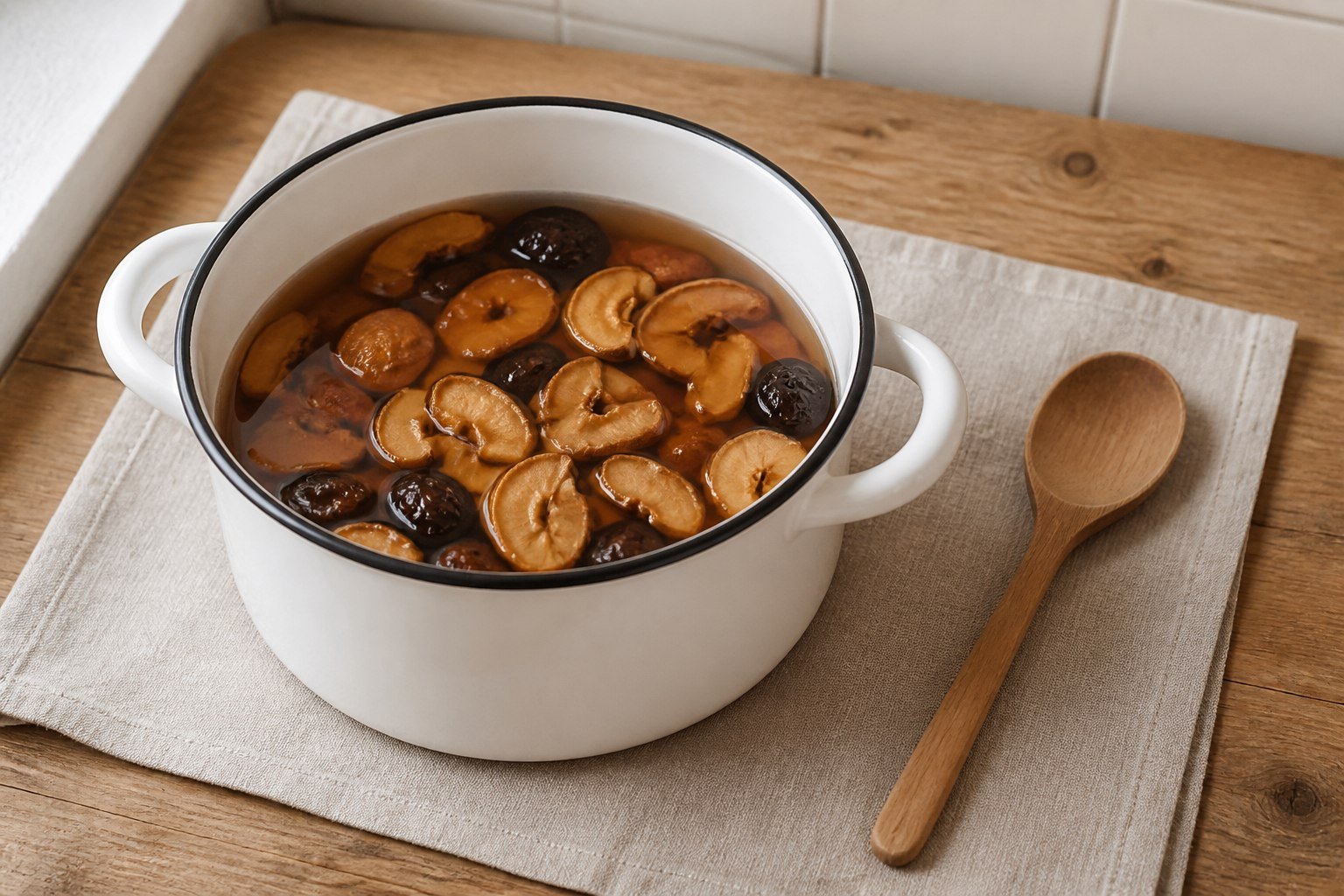Uzvar steeping in an enamel pot with softened dried apples, pears, and prunes.