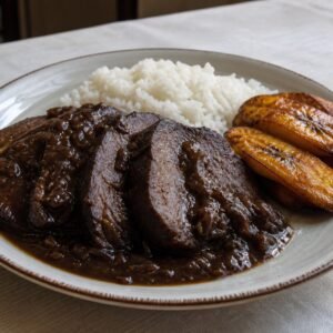 Venezuelan asado negro sliced in dark onion sauce with white rice and fried plantain.