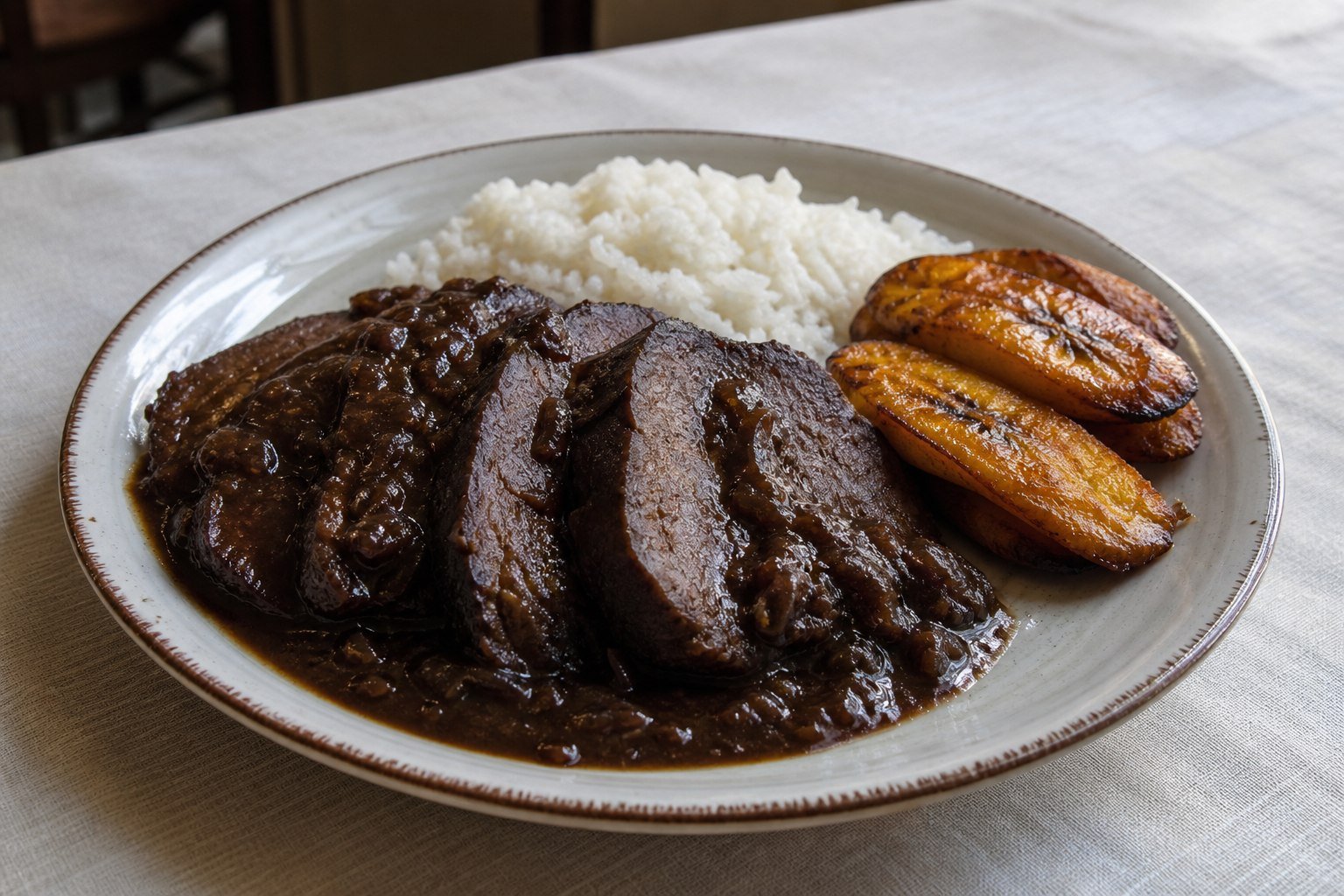 Venezuelan asado negro sliced in dark onion sauce with white rice and fried plantain.