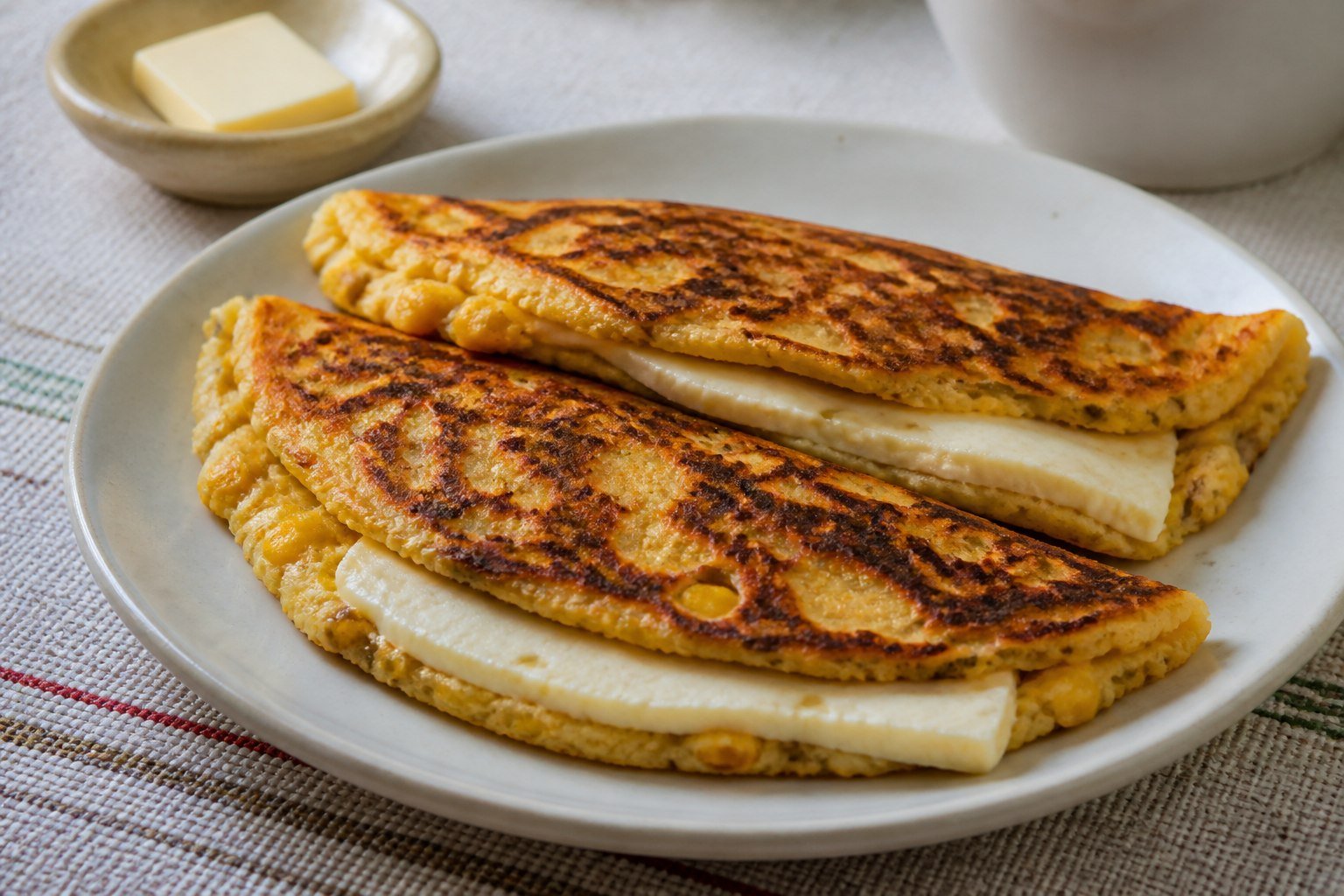 Venezuelan fresh-corn cachapas folded around mild white queso de mano.