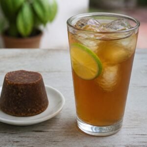 A glass of Venezuelan papelon con limon with ice, lime, and a piece of panela.
