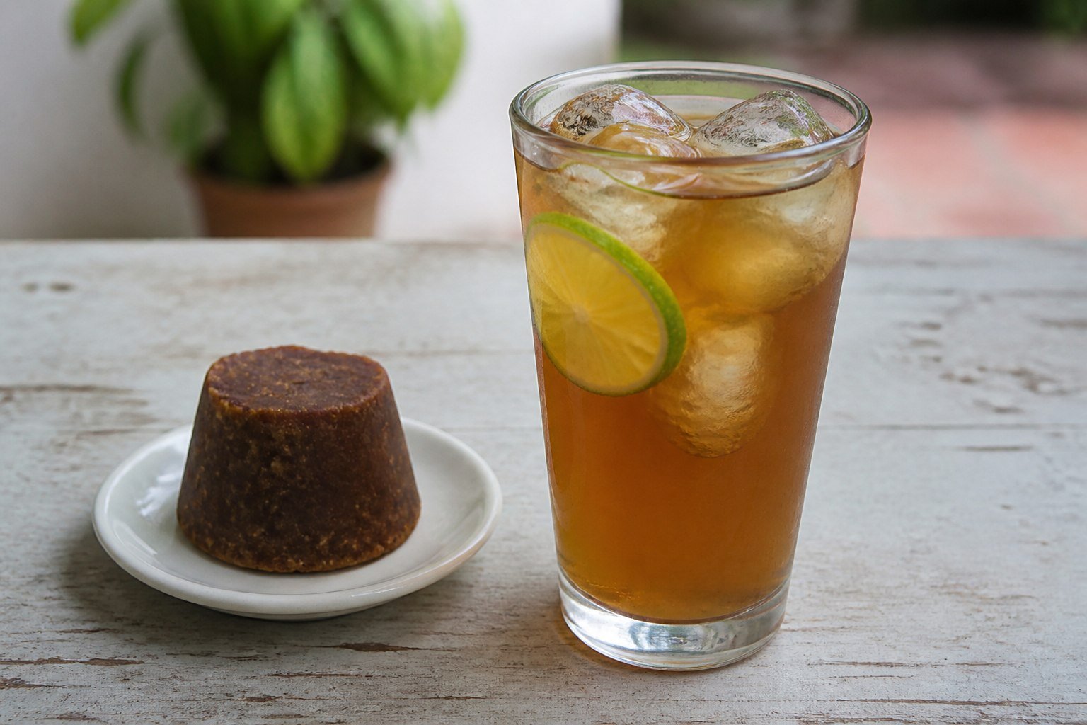 A glass of Venezuelan papelon con limon with ice, lime, and a piece of panela.